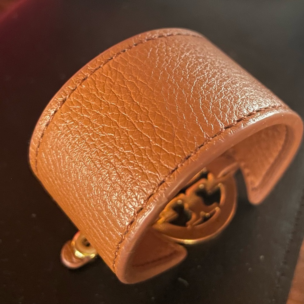 Tory Burch Wide Leather and Gold Emblem Double-Snap Cuff Bracelet - Picture 11 of 12